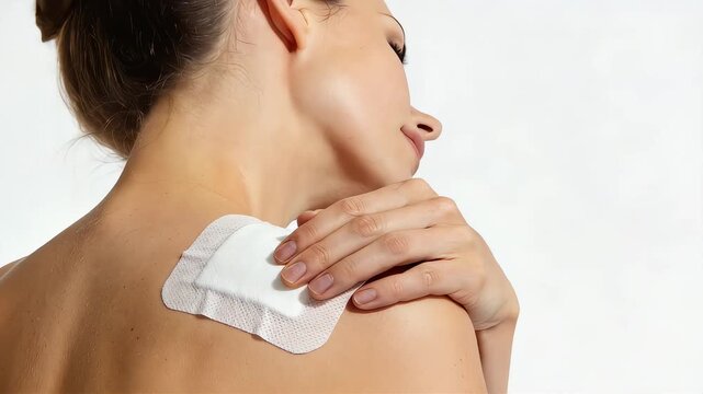A woman applying a compress to her shoulder pain. A clean rear shot on a white background