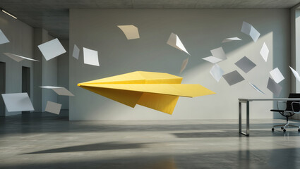 Innovative paper airplane soaring through a creative workspace with floating papers