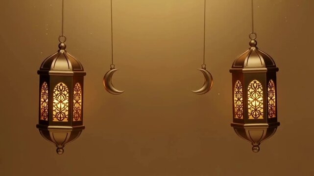 Ramadan Kareem Background: Glowing Ornate 3D Lanterns and Golden Crescent Moons