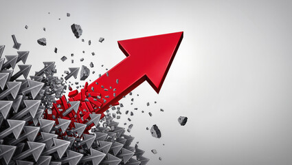 Red arrow breaks through gray obstacles symbolizing progress and determination in a competitive world