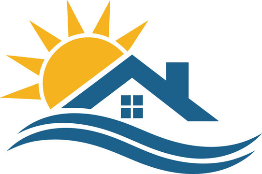 Real estate house logo set, sun and ocean wave symbol, coastal home summer vacation vector illustration