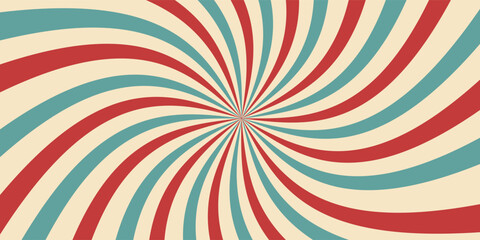 Circus or carnival rays background layout with vector grunge texture. Retro spiral pattern with red, white and blue radial stripes of vintage circus, carnival, fair or chapiteau big top tent