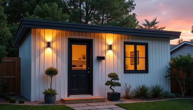 Modern garden shed with warm lighting glows at dusk. Stylish exterior features clean lines and wood siding. Inviting compact dwelling offers peaceful retreat next to home.