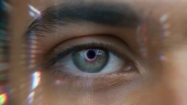 Close-up of human eye reflecting abstract digital data patterns
