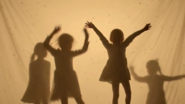 vector silhouettes of child playing visible behind a cloth curtain. video