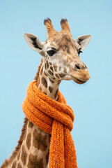 Obraz premium Giraffe wearing orange scarf against blue background 