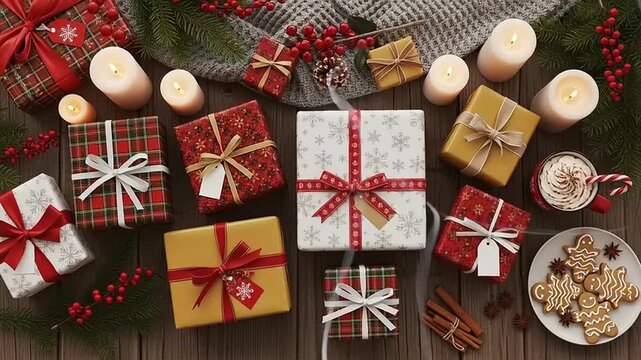 Christmas Gifts and Decorations on Wooden Table.