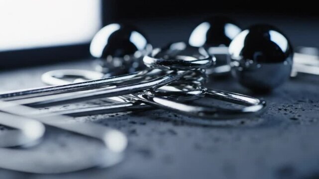 Close up shot of metallic paperclips and keychains resting on a dark, textured surface, details