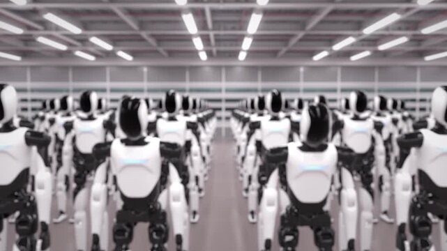 Rows of AI-powered humanoid robots rising, standing up from sitting to standing position in industrial warehouse. Future of factory automation and AI robotics. 3d animation rendering