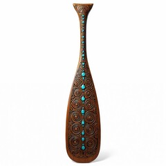 Ornate Maori canoe paddle hoe features intricate wood carving and turquoise inlays. Symbolizes effort and journey. Great for Polynesian art or travel themes.