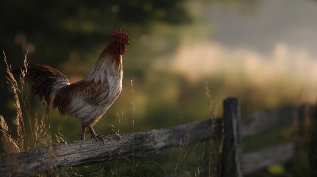 Photograph of a rooster standing on a wooden fence. the rooster is facing towards the right side of the image, with its head turned slightly to the left.