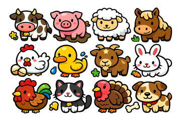 Obraz premium Cute cartoon farm animals collection featuring cows, pigs, sheep, and more.
