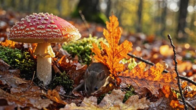 Small mouse scurrying near a vibrant red and white fly agaric mushroom in a sunlit forest, autumn season