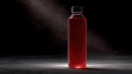 Obraz premium Tall, cylindrical bottle with a black cap. the bottle is filled with a red liquid, which appears to be a smoothie or juice.