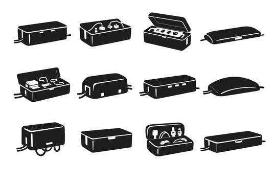 Enclosed icons electronics outlet cable box icon silhouette organizer vector cord