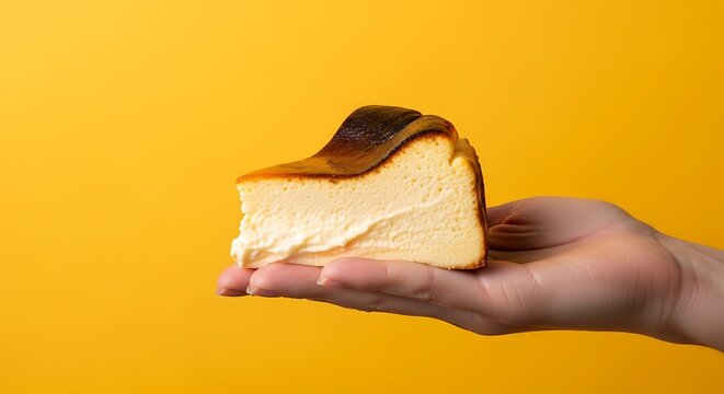 hand holding a burnt Basque cheesecake slice