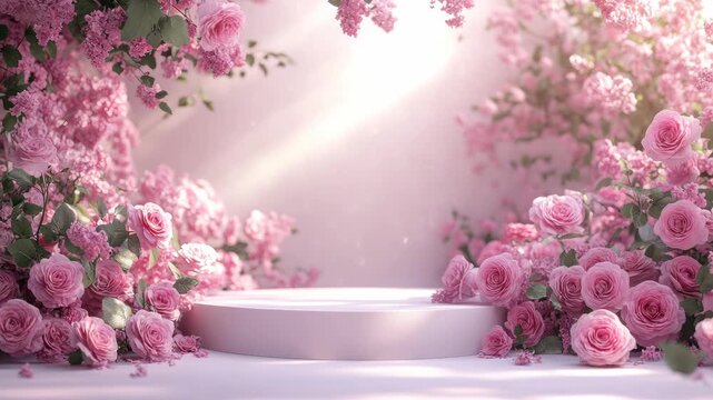 Round empty podium on a soft pastel pink background, surrounded by roses. Perfect for Mother's Day, Women's day, March 8,Birthday, Anniversary. Podium for product presentation and demonstration