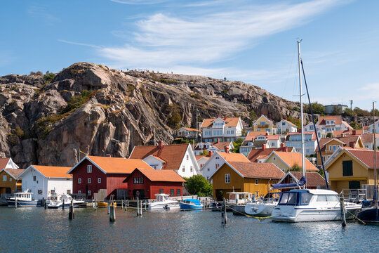 Historic waterfront houses below Vetteberget in Fj&auml;llbacka, Bohusl&auml;n, west coast Sweden