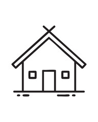 home outline simple and minimalist black and white line art illustration of a basic gable roof house with two windows and a front door