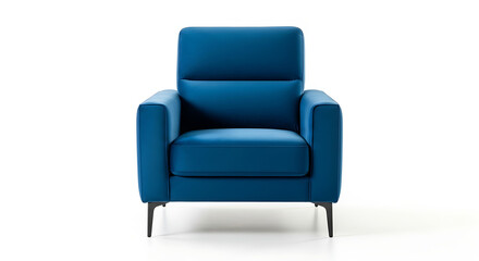 Fototapeta premium Modern Blue Velvet Armchair with Black Metal Legs Isolated on White Background