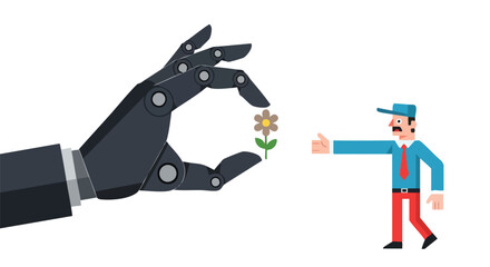Ethical AI Integration: Robot Hand Gently Offers Value, Symbolizing Human-Machine Trust and Collaborative Future