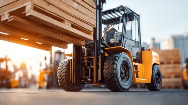 A yellow forklift carefully lifts a wooden pallet, essential for warehouse operations and logistics.