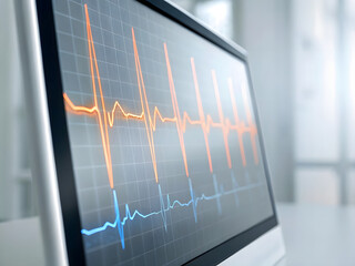 A medical monitor displays a digital heart pulse line as a glowing ECG wave on a computer screen representing health technology and hospital medicine