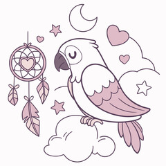 Obraz premium Dreamland colored Parrot with a Gentle touch, placed in a Fantasy dream theme and styled with holding a heart