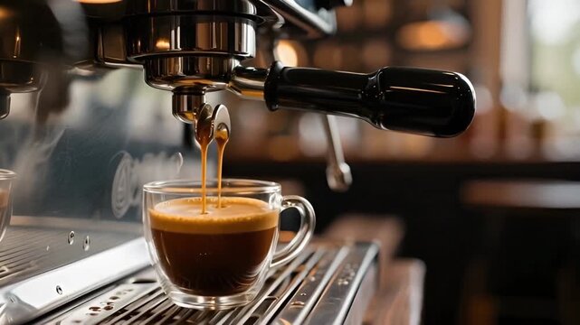 Professional espresso machine brewing fresh coffee liquid flowing into glass cup with crema rich texture caffeine