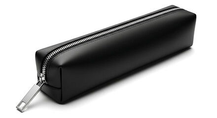 Minimalist Black Leather Pencil Case with Silver Zipper Isolated on White Background