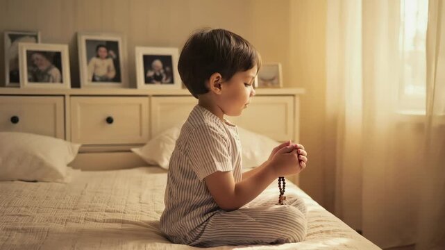 Child in prayer at home during morning light with family photos in the background