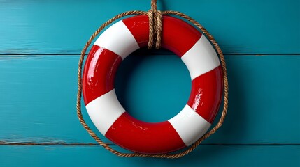 A red and white life preserver is hanging from a rope. The life preserver is on a blue surface