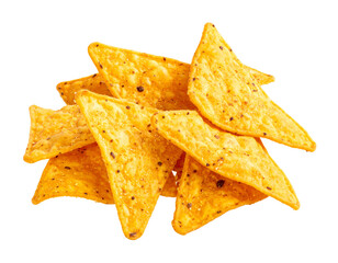Fototapeta premium Bag of triangular tortilla chips with seasoned dust and paprika specks