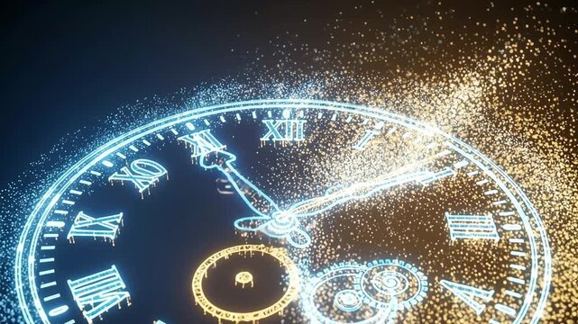 Close-up of a luminous clock face with Roman numerals, shimmering particles, and a dynamic glow for time-related themes.