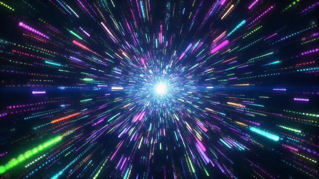 Vibrant light trails exploding from a central point in a dark environment, viewed from directly ahead