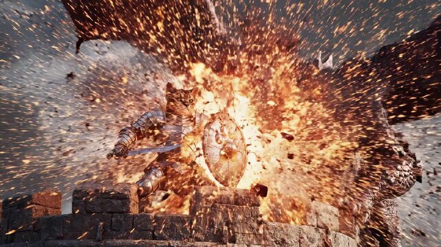 Cat Knight vs. Fire Dragon: An Epic Fantasy Battle!