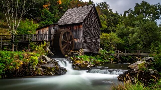 Wooden mill with water wheel by a flowing river in a forest