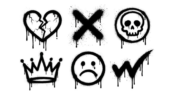 Graffiti spray paint icons set with broken heart skull crown and drips isolated on transparent background for streetwear design
