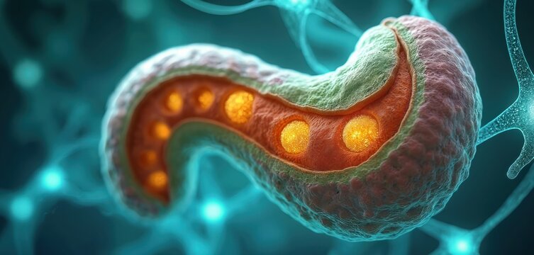 Microscopic view of pancreas tissue. Shows lobules and glowing digestive enzymes within cells. Pancreatic gland anatomy with cells producing hormones and enzymes for digestion and metabolism.