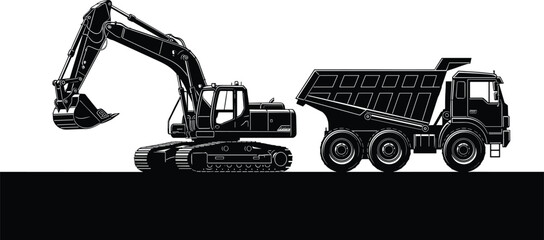 Heavy construction machinery silhouette vector illustration with excavator and dump truck working on site for industrial building project isolated on white background © Md Joni Islam