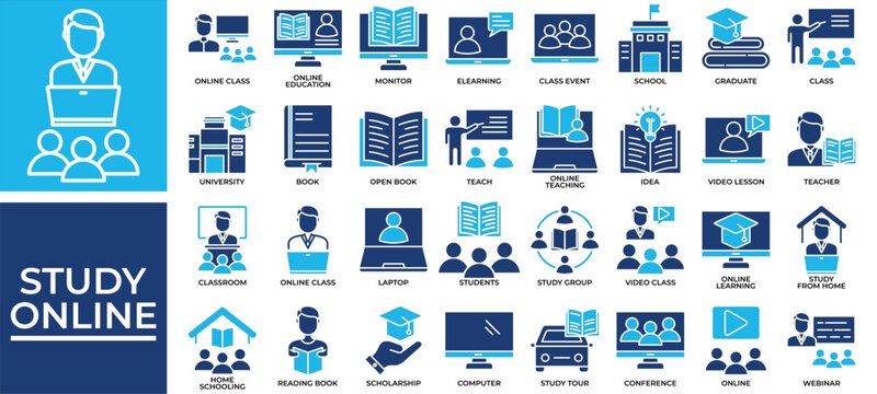 Study Online icon set collection. Containing students, teaching, guidance, lesson, seminar, academic, graduate .Solid vector icons collection