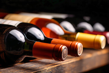 Unlabeled wine bottles rest on a dark wooden shelf in a low-angle shot with warm lighting, showcasing their smooth surfaces and unique design