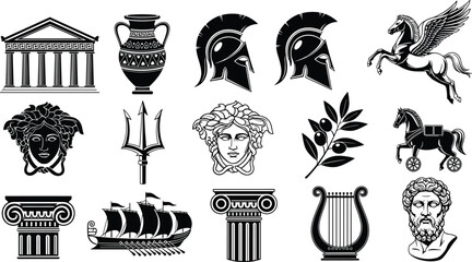 Ancient Greek symbols collection vector, mythology icons set, temple helmet trident medusa pegasus column ship illustration isolated design © MDRAKIB