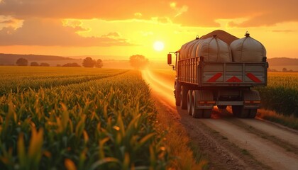 Agricultural truck drives on dirt road through fields at sunset. Transporting grain sacks, farm produce delivery. Rural landscape, harvest season, golden hour light.