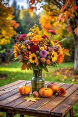 beautiful autumnal bouquet on wooden table in garden