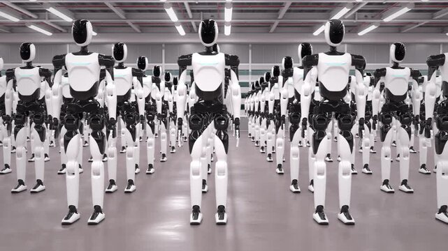 Rows of AI-powered humanoid robots rising, standing up from sitting to standing position in industrial warehouse. Future of factory automation and AI robotics. 3d animation rendering