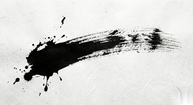 Abstract black ink brush stroke and splatters on white washi paper