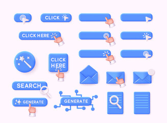Collection of 3D blue user interface buttons, click here elements, search, generate, envelope icons and interaction symbols isolated on light background.