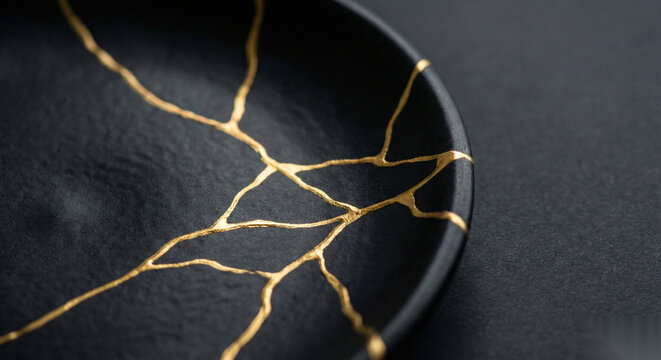 Elegant gold kintsugi repair lines on minimalist black ceramic plate