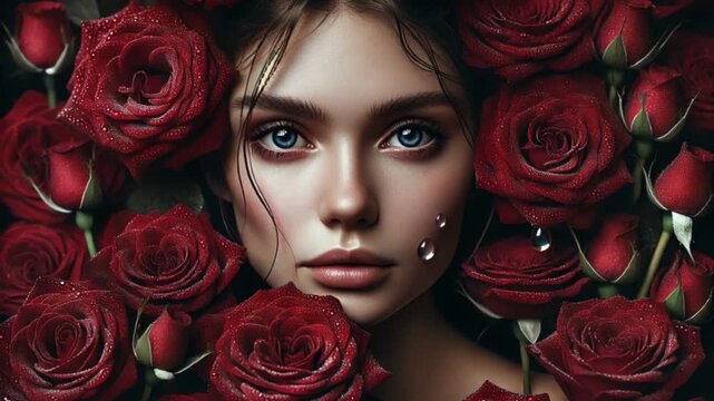 Video of young woman portrait framed by deep red roses with dewdrops on petals creating romantic elegant mood